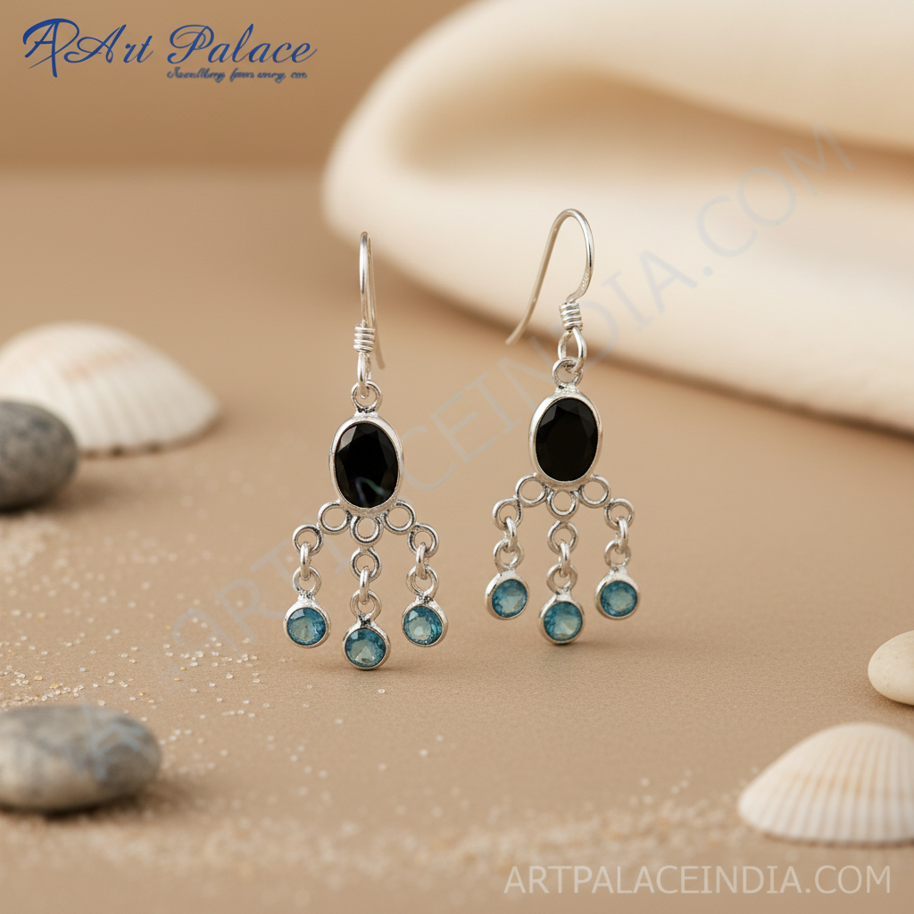 925银蓝色托帕石和缟玛瑙吊坠耳环（女士款）