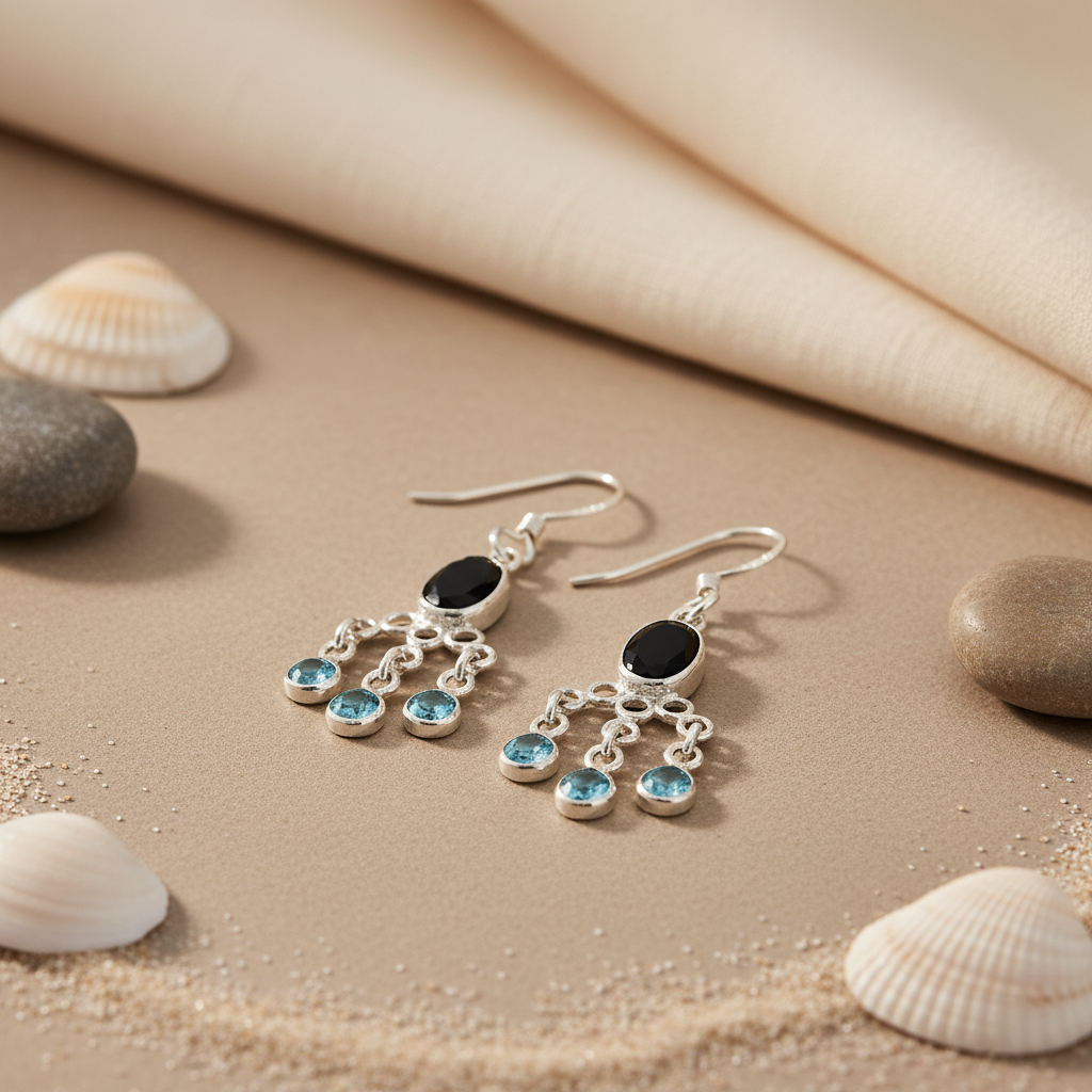 925 Silver Blue Topaz & Onyx Dangle Earrings for Women