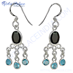 将图像加载到图库查看器中， 925 sterling silver dangle earrings with black onyx and blue topaz gemstones, perfect for any occasion.
