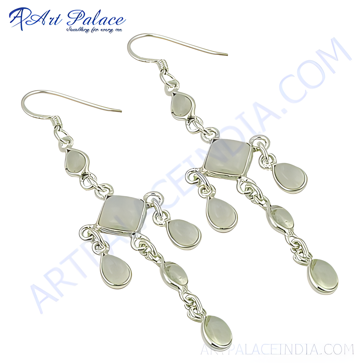 Sterling silver dangle earrings with pear shaped moonstone gemstones and a hook closure