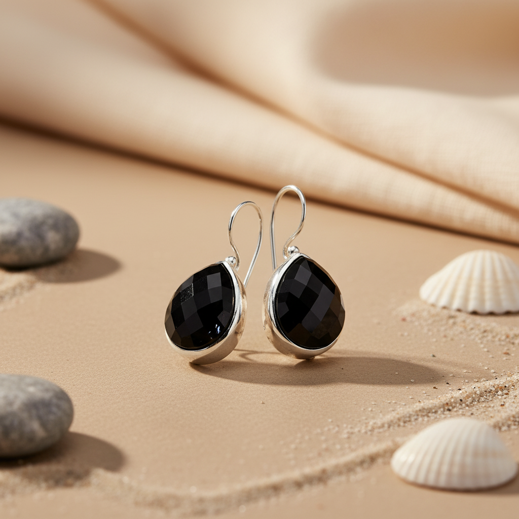 Pendientes de lágrima de ónix negro en plata 925 para mujer