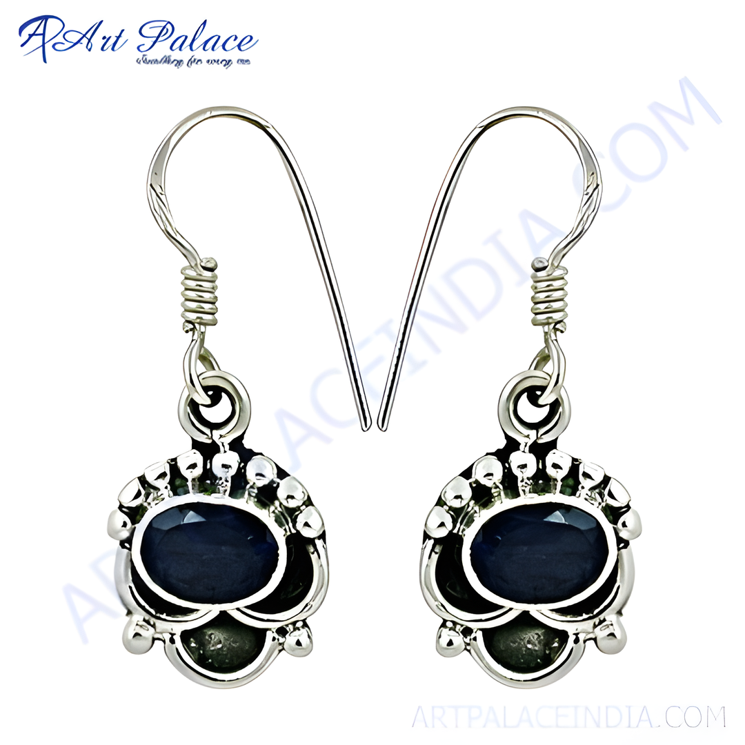 925 sterling silver dangle earrings featuring oval-cut blue sapphire gemstones, perfect for women.