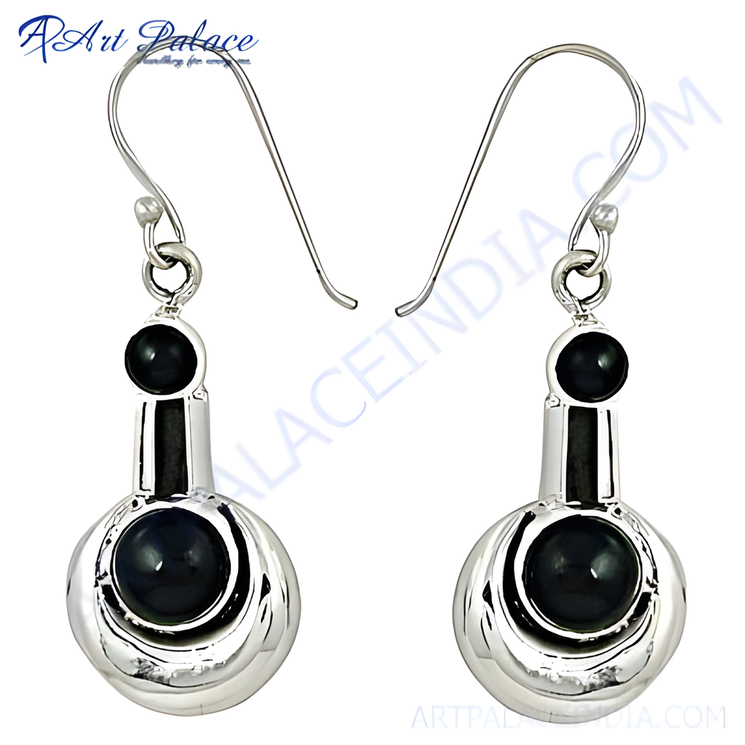 925 sterling silver dangle earrings with large, round black onyx gemstones and a polished finish.