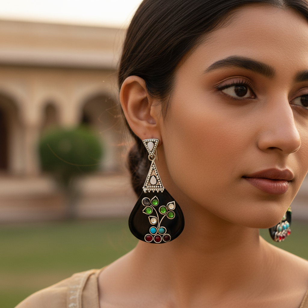 银色吊坠耳环，镶嵌黑玛瑙和宝石 | 女士珠宝