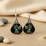 将图像加载到图库查看器中， 银色吊坠耳环，镶嵌黑玛瑙和宝石 | 女士珠宝
