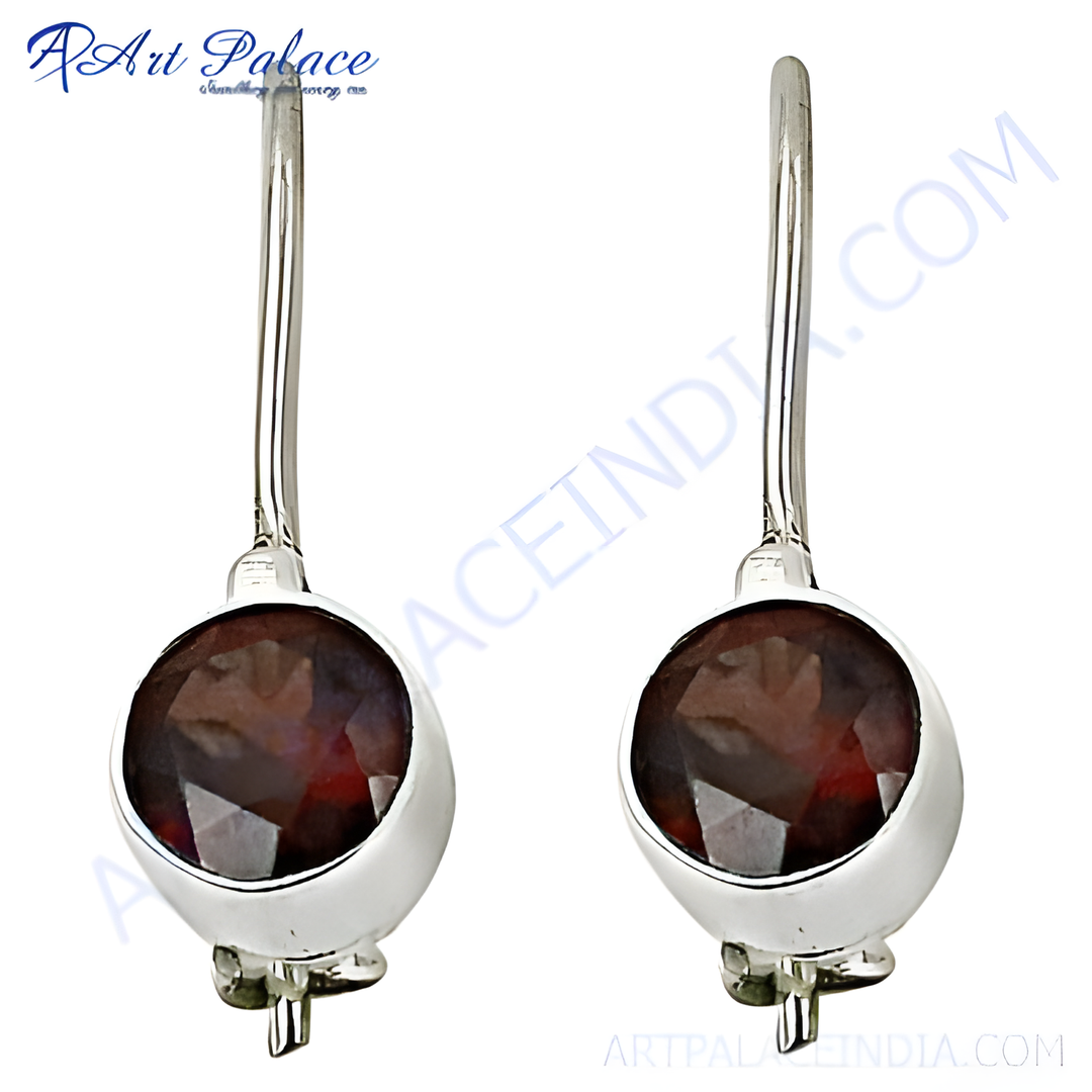 925 sterling silver drop earrings with round, faceted red garnet gemstones.