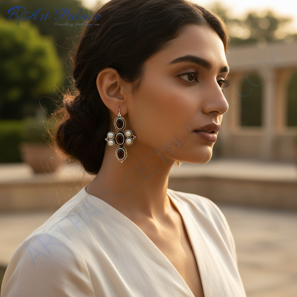 925 Silver Garnet & Pearl Cross Earrings for Women