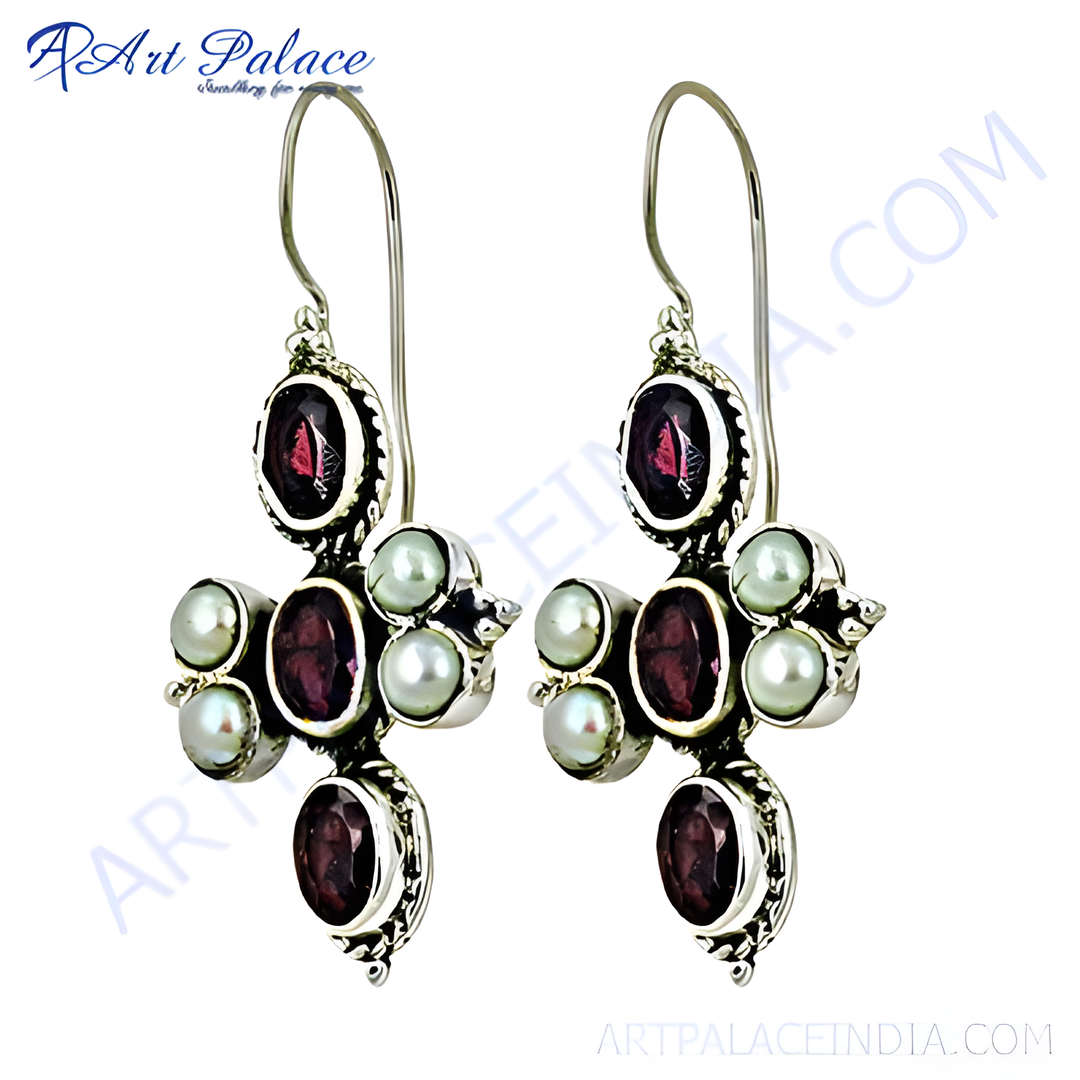 925 sterling silver cross earrings with oval garnet gemstones and pearl accents.