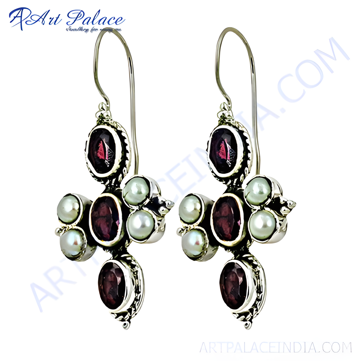 925 sterling silver cross earrings with oval garnet gemstones and pearl accents