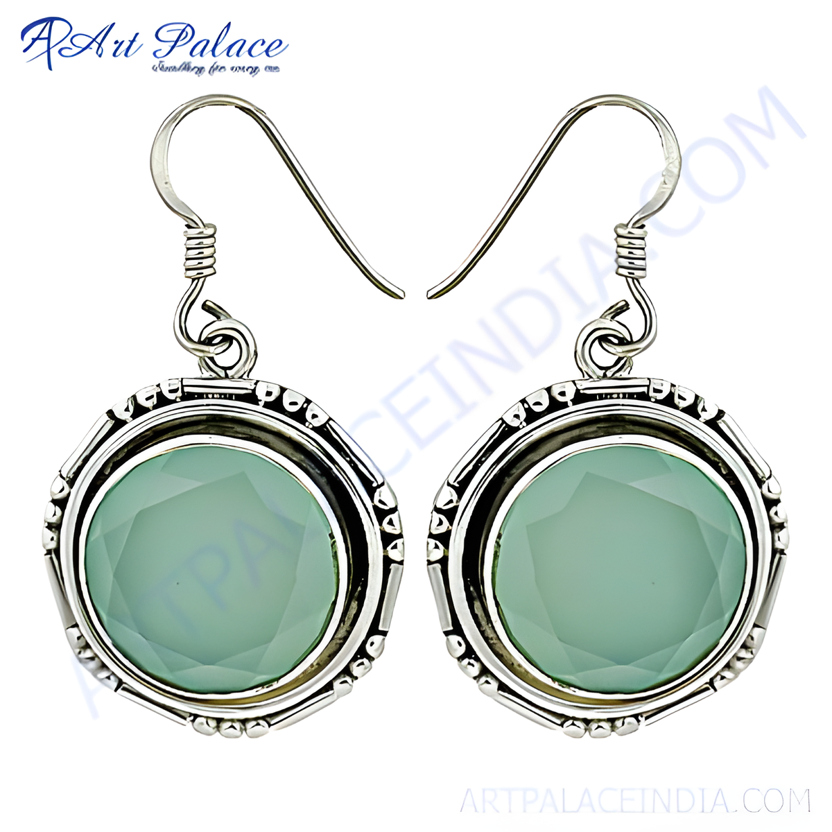 925 sterling silver drop earrings with a round chalcedony gemstone in a light blue green color