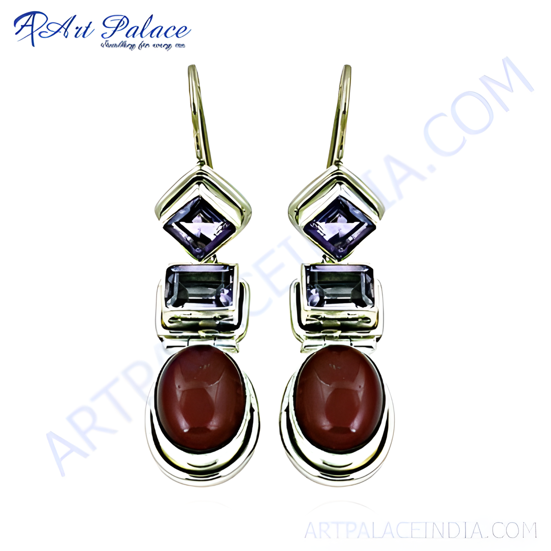 925 sterling silver drop earrings featuring amethyst and red-brown gemstones for women.