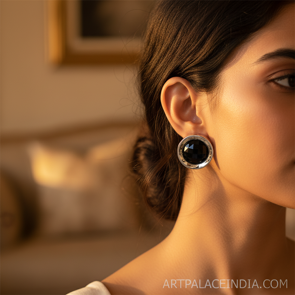 Silver Black Gemstone Earrings for Women | Statement Jewelry