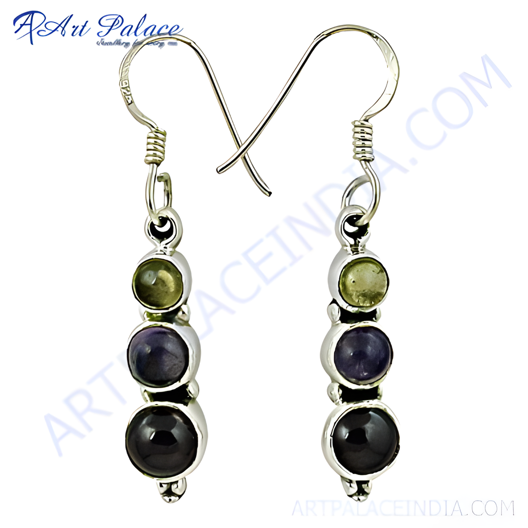 925 sterling silver drop earrings with green, purple and black gemstones, perfect for any occasion.