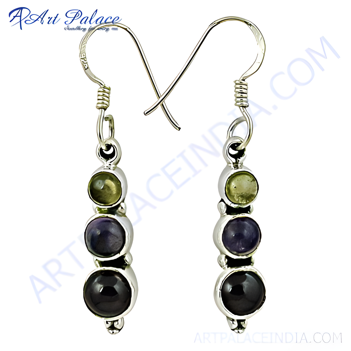 925 sterling silver drop earrings with green, purple and black gemstones, perfect for any occasion