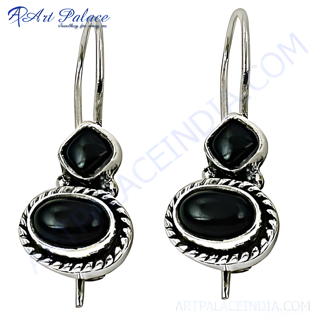 925 sterling silver drop earrings with black onyx gemstones and a hook closure.