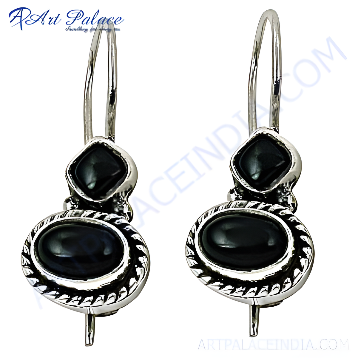 925 sterling silver drop earrings with black onyx gemstones and a hook closure