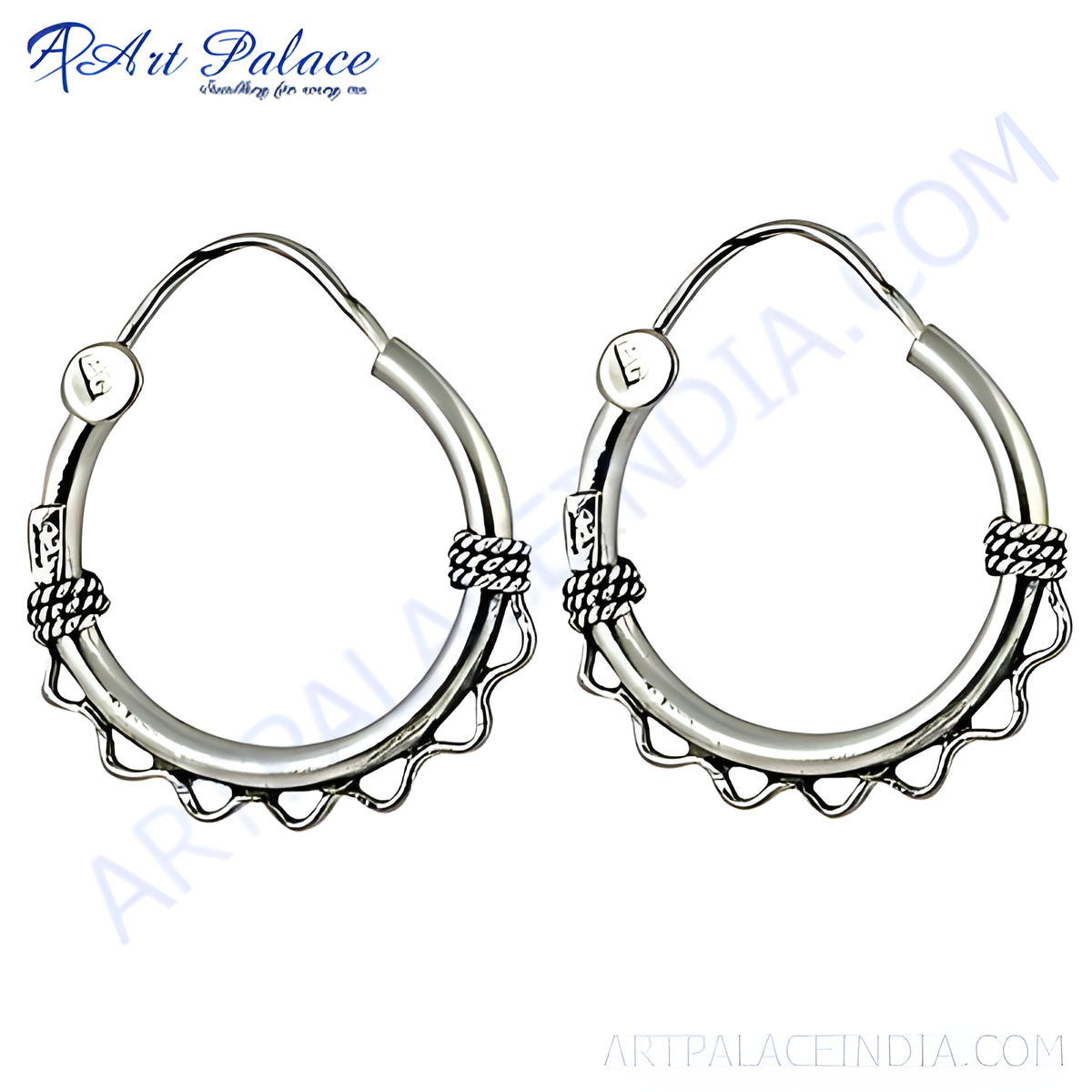 Sterling silver hoop earrings, a classic and elegant jewelry piece for women, featuring detailed design