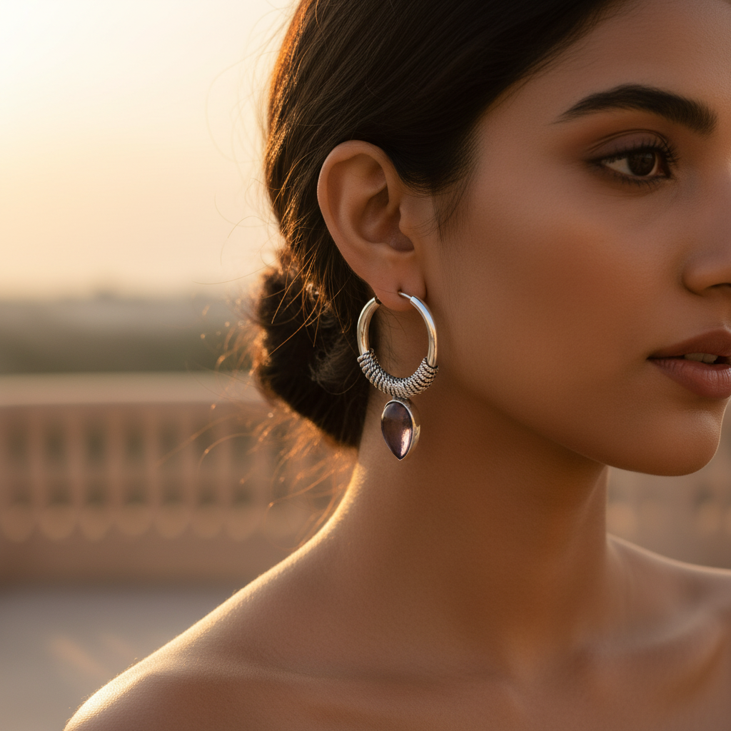 Pendientes de aro de plata 925 con piedra amatista para mujer