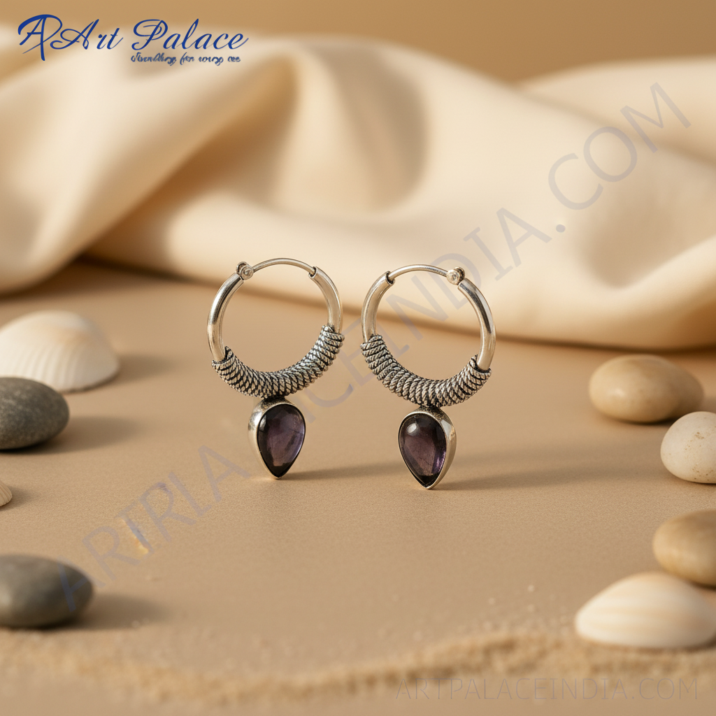 925 silver hoop earrings with amethyst stone for women