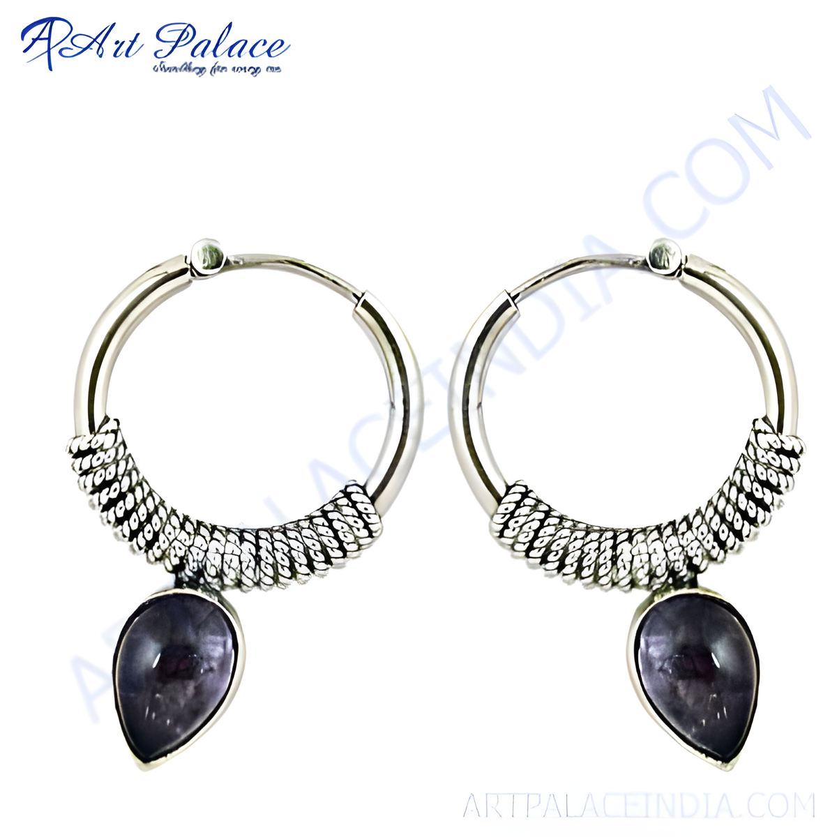 Sterling silver hoop earrings with a detailed design and teardrop shaped amethyst gemstone