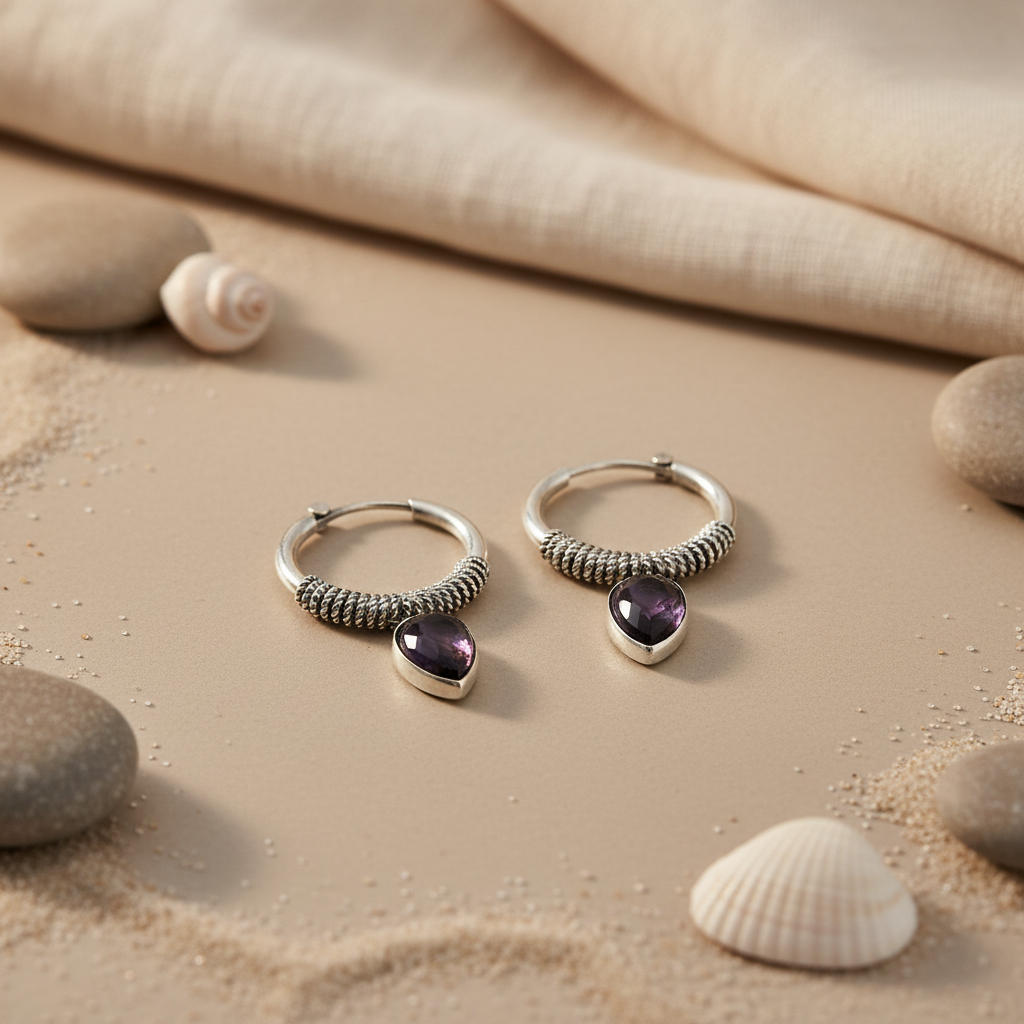 925 Silver Hoop Earrings with Amethyst Stone for Women