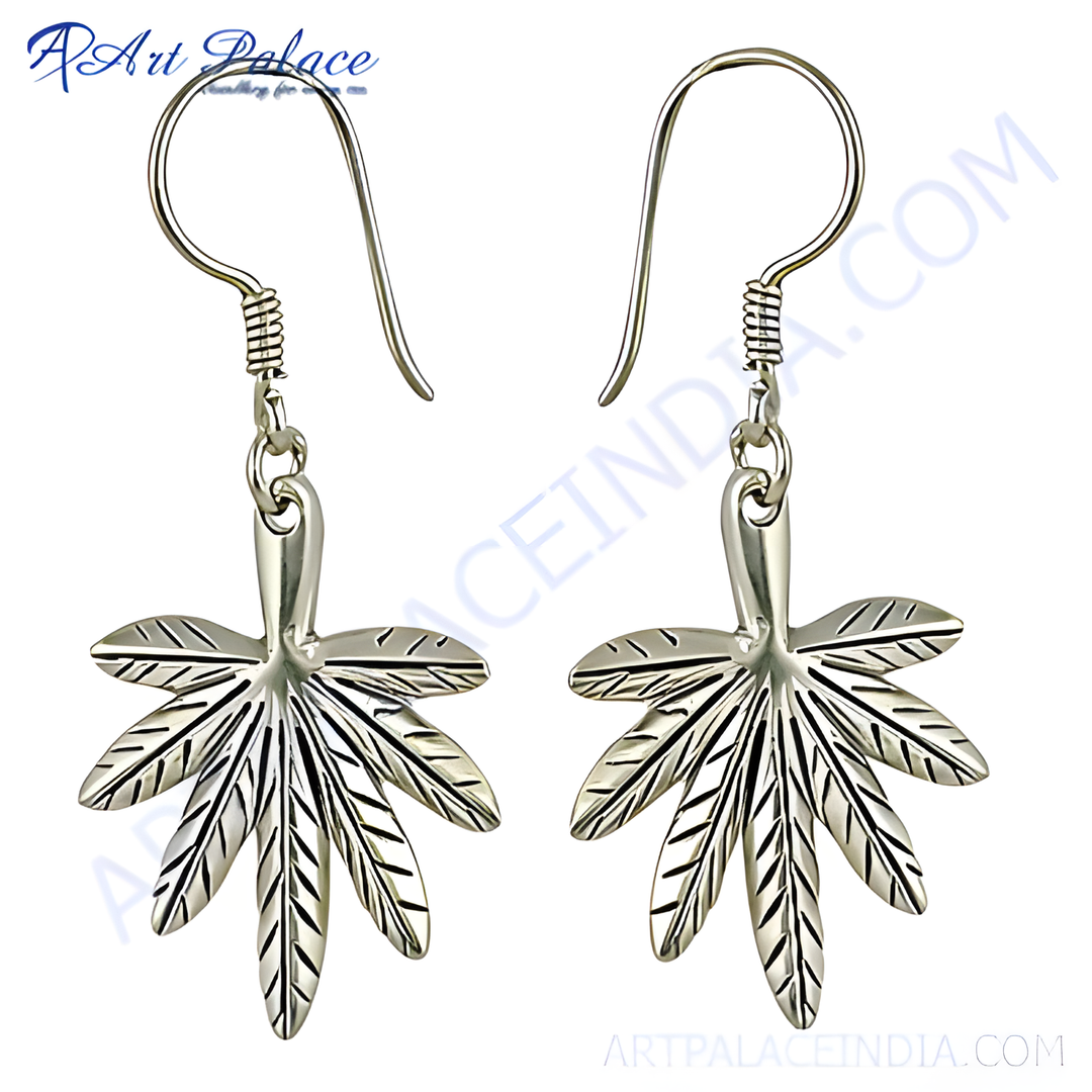 925 Sterling silver dangle earrings featuring a detailed cannabis leaf design, perfect for women.