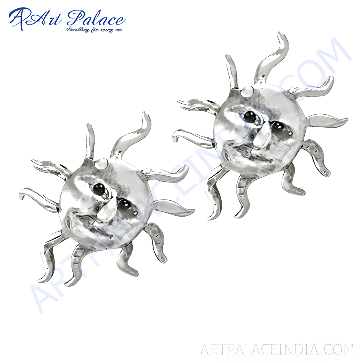Sterling silver face stud earrings with a shiny finish, perfect for adding a unique touch to your look