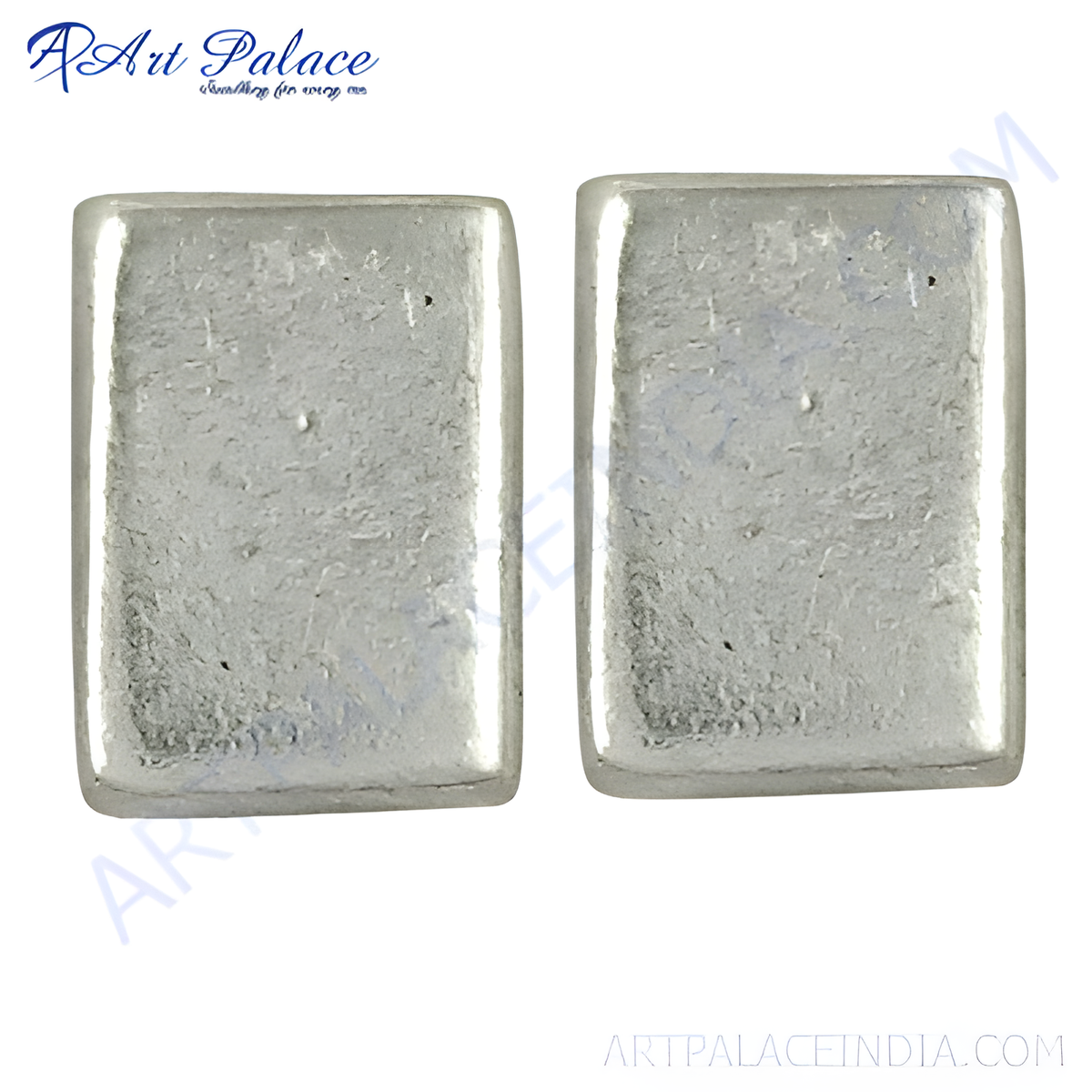 Silver rectangular stud earrings on a white background, showcasing the smooth, polished surface