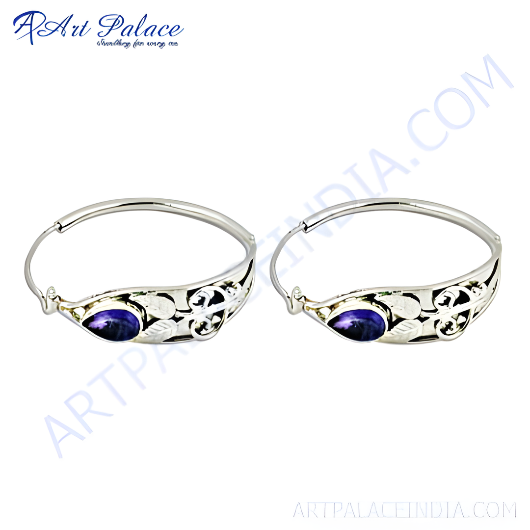 925 sterling silver hoop earrings with a blue gemstone and leaf design for women.