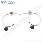 Load image into Gallery viewer, 925 Sterling Silver hoop earrings with a dangling gemstone, dark color, for women.
