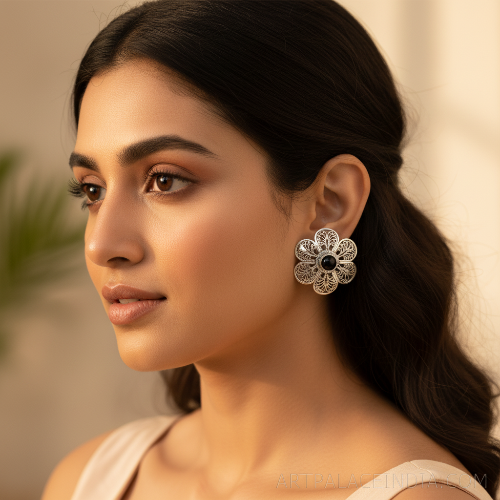 925 Silver Black Gemstone Flower Earrings for Women