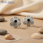 Load image into Gallery viewer, 925 Silver Black Gemstone Flower Earrings for Women
