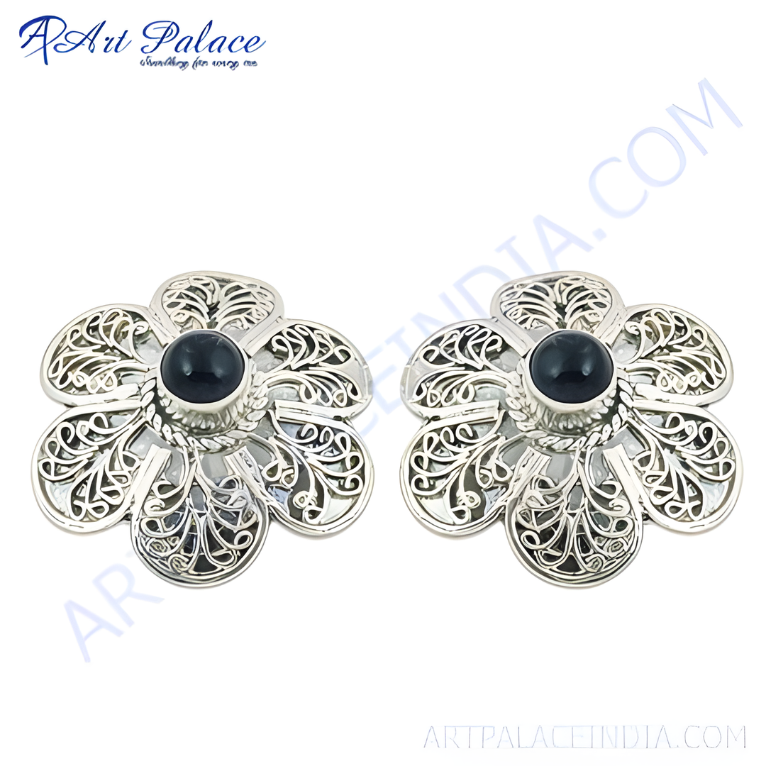 925 sterling silver flower earrings with black gemstone centers
