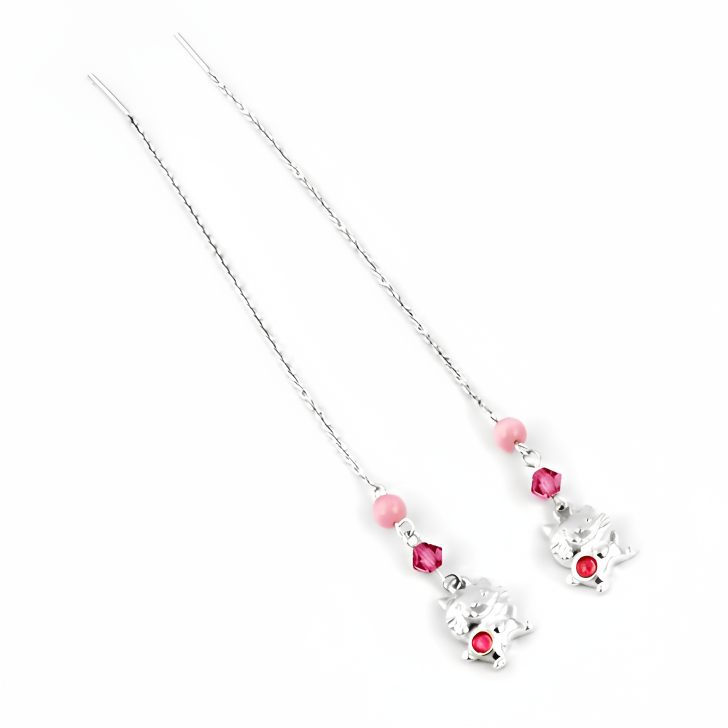 925 Silver Cat Drop Earrings with Pink Gemstones | Gift for Women