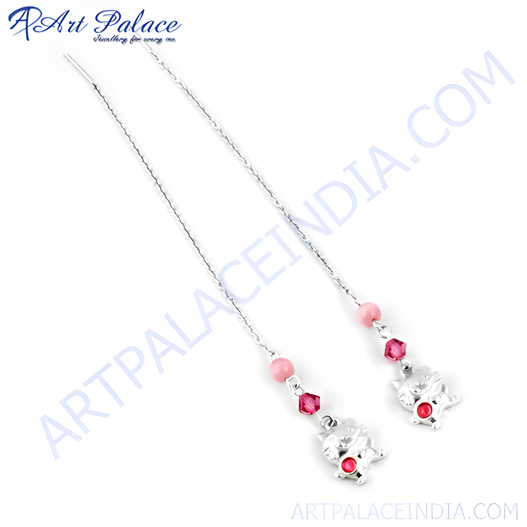 925 sterling silver cat drop earrings with pink gemstone accents, ideal gift for women