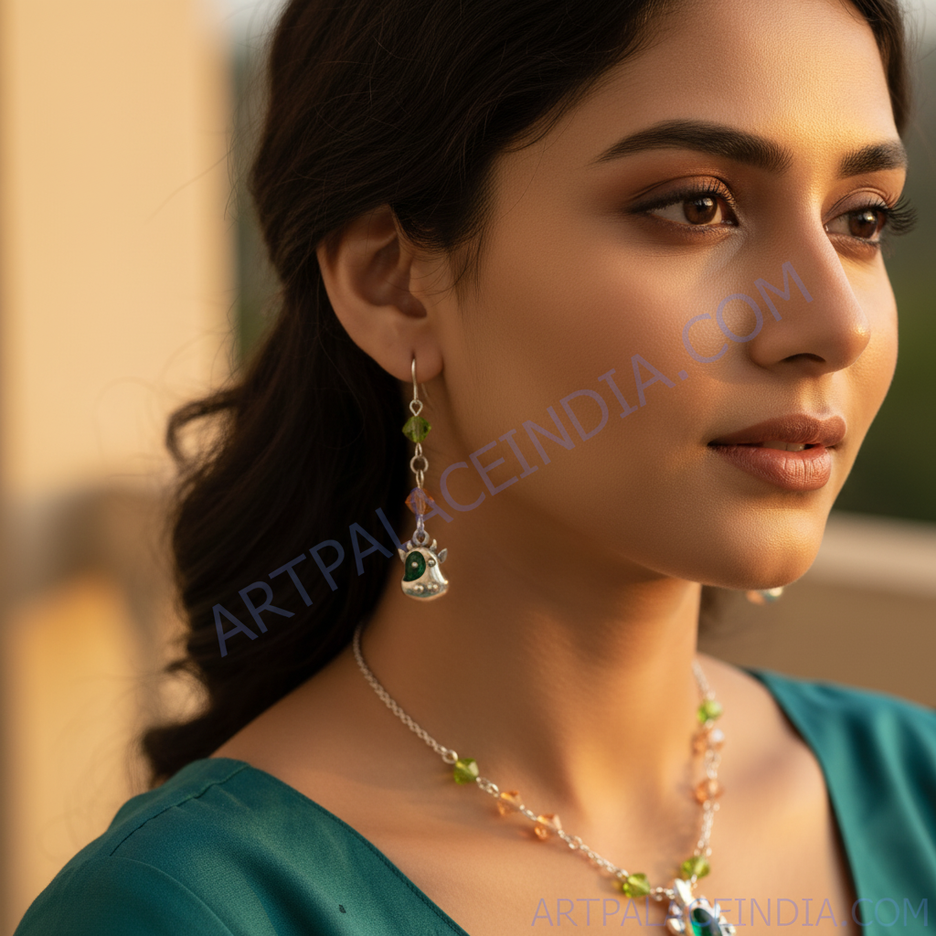 925纯银奶牛吊坠耳环 | 绿色宝石 | 女士款