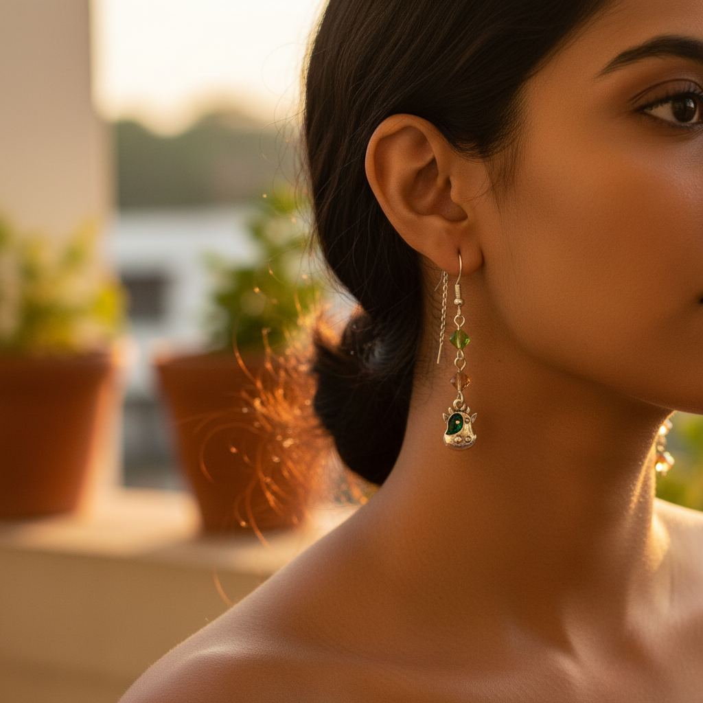 925 Silver Cow Charm Earrings | Green Gemstone | For Women