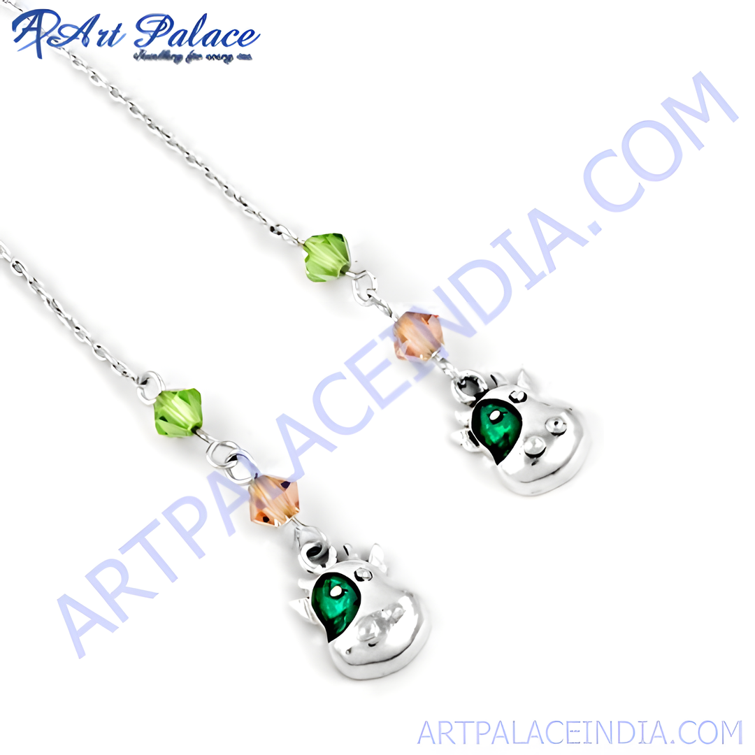 925 silver dangle earrings featuring cow charms with green gemstone accents and colorful crystal beads.