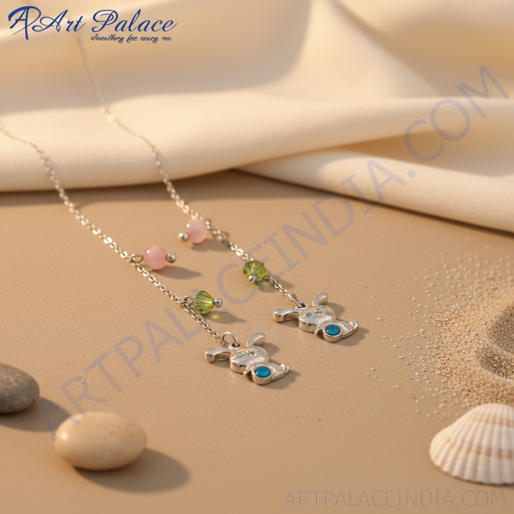 925 Silver Bunny Pendant Necklace | Pink & Green Gemstones