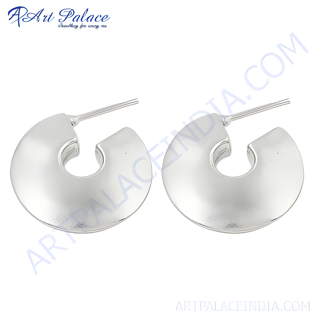 A pair of shiny silver half-hoop earrings displayed on a white background.