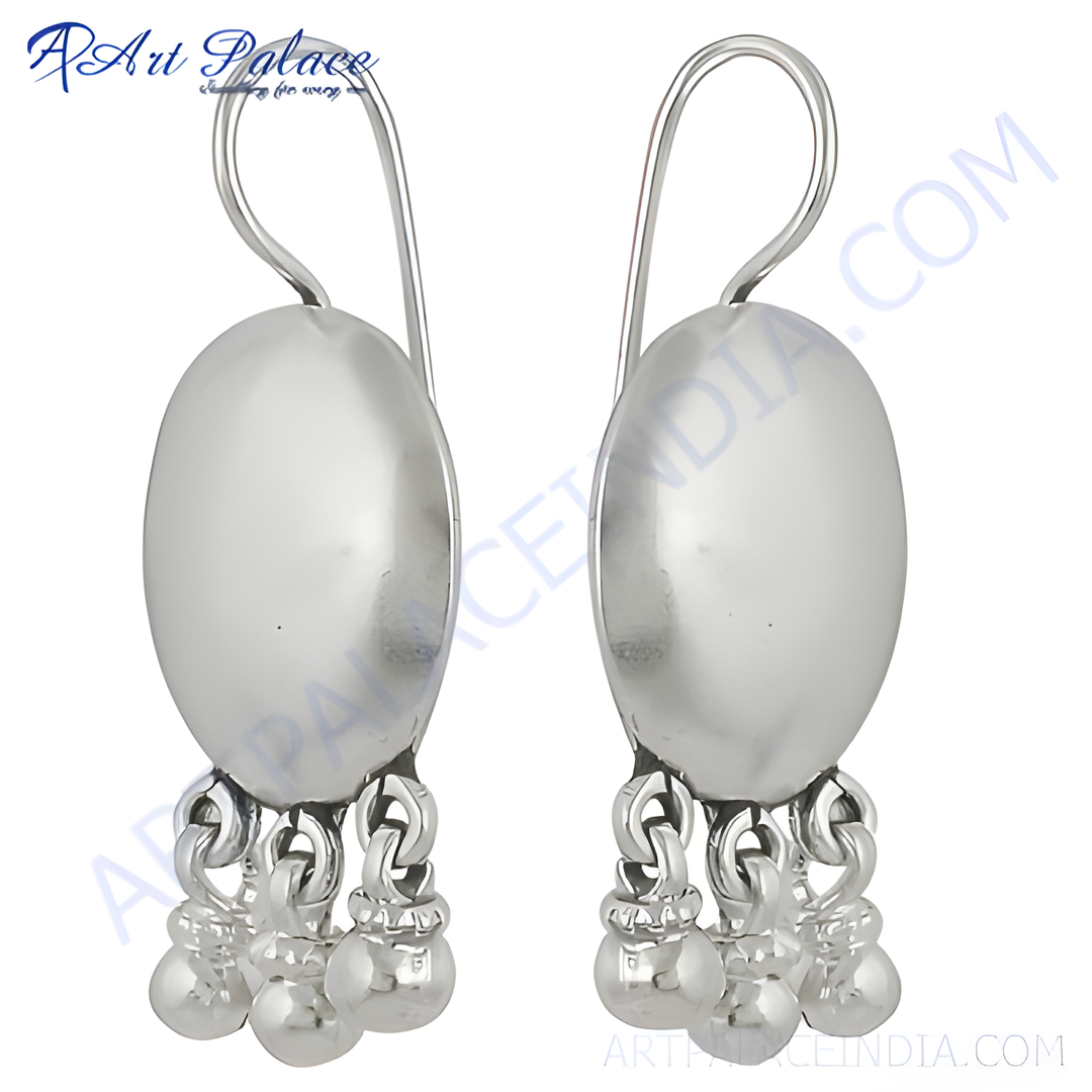 Elegant silver dangle drop earrings with a polished finish and a unique design, perfect for women.