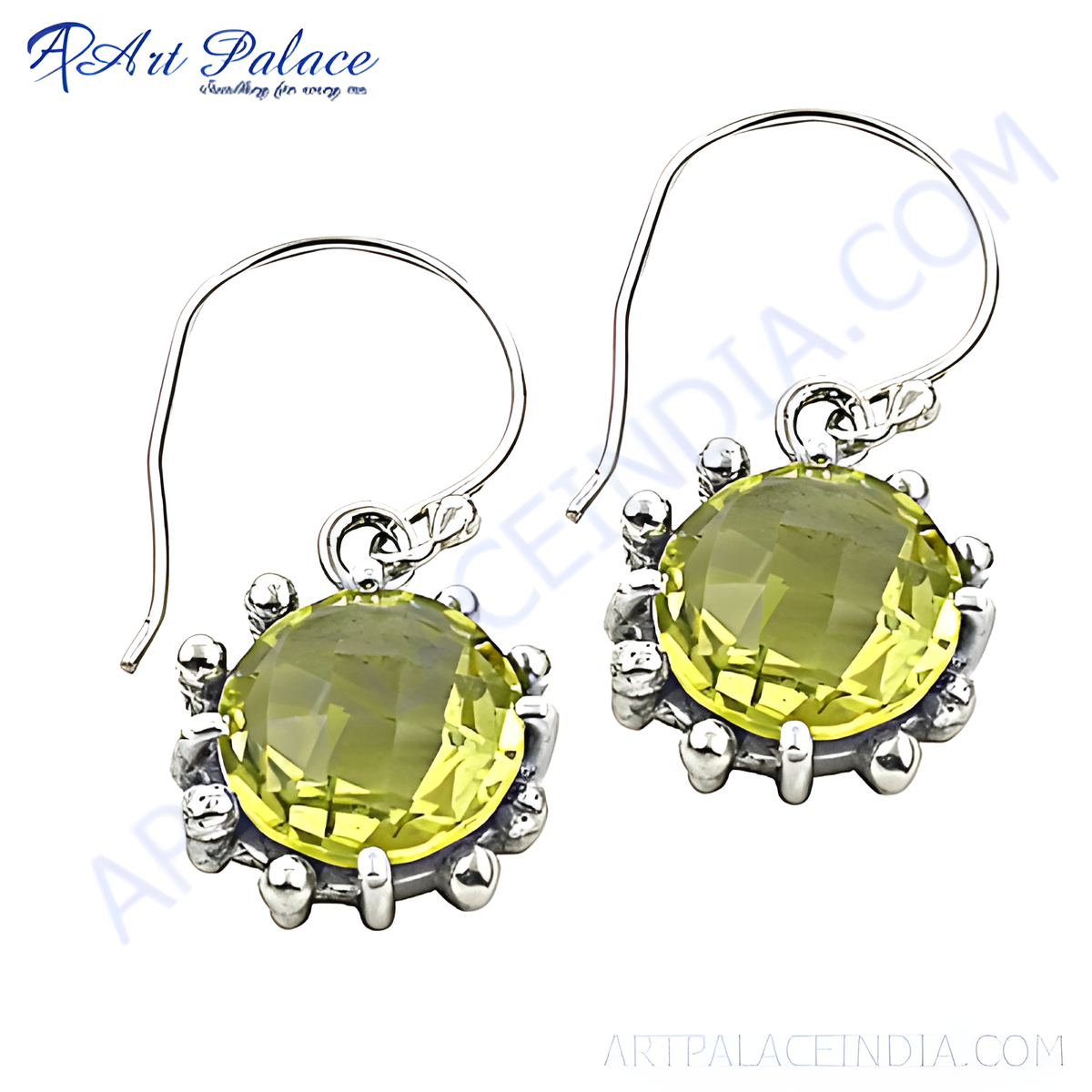 925 sterling silver dangle earrings with a round citrine gemstone in a yellow hue