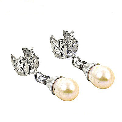 Silver leaf pearl drop earrings for women | elegant jewelry