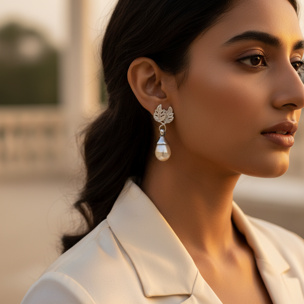 Silver Leaf Pearl Drop Earrings for Women | Elegant Jewelry