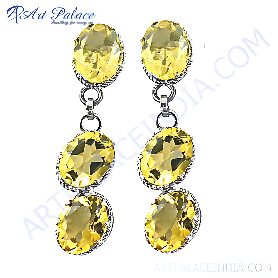 925 sterling silver dangle earrings with large faceted yellow citrine gemstones. Elegant and stylish.