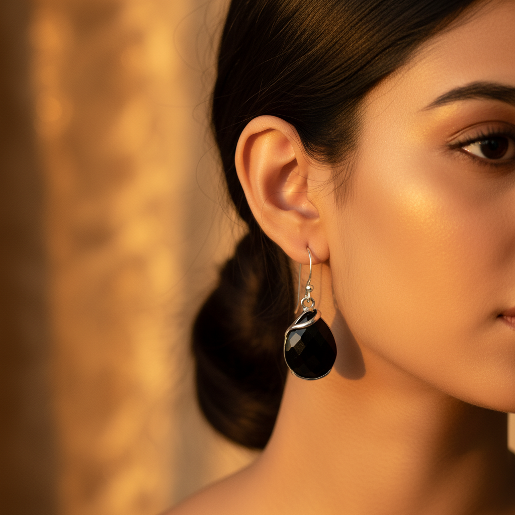 925 Silver Black Onyx Teardrop Earrings for Women