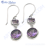 Load image into Gallery viewer, 925 sterling silver drop earrings featuring square and round amethyst gemstones in a beautiful purple hue.
