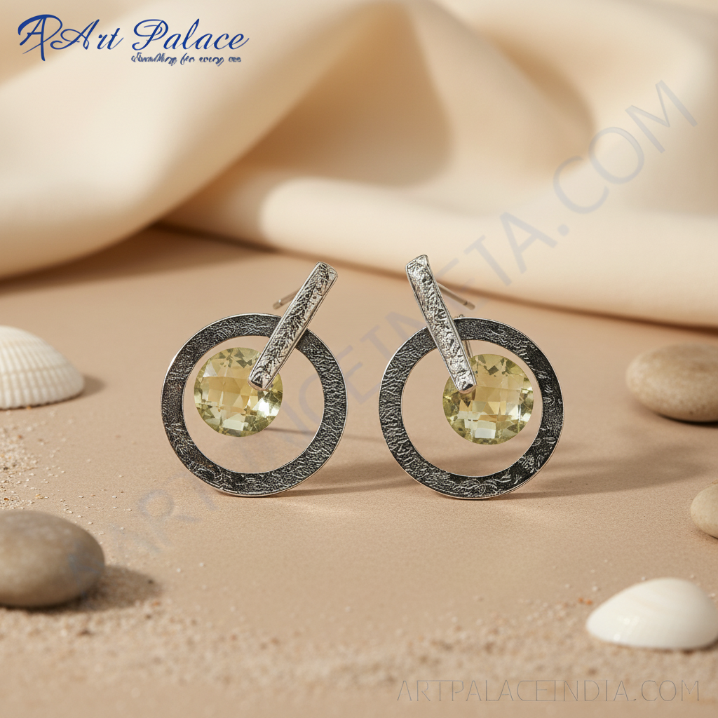 银质耳钉，镶嵌黄水晶宝石 | 女士珠宝礼品