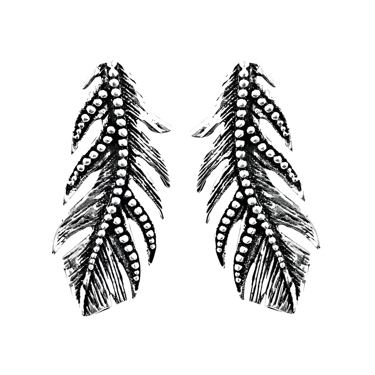 Silver feather dangle earrings, black and white detailed design, perfect for women, unique jewelry
