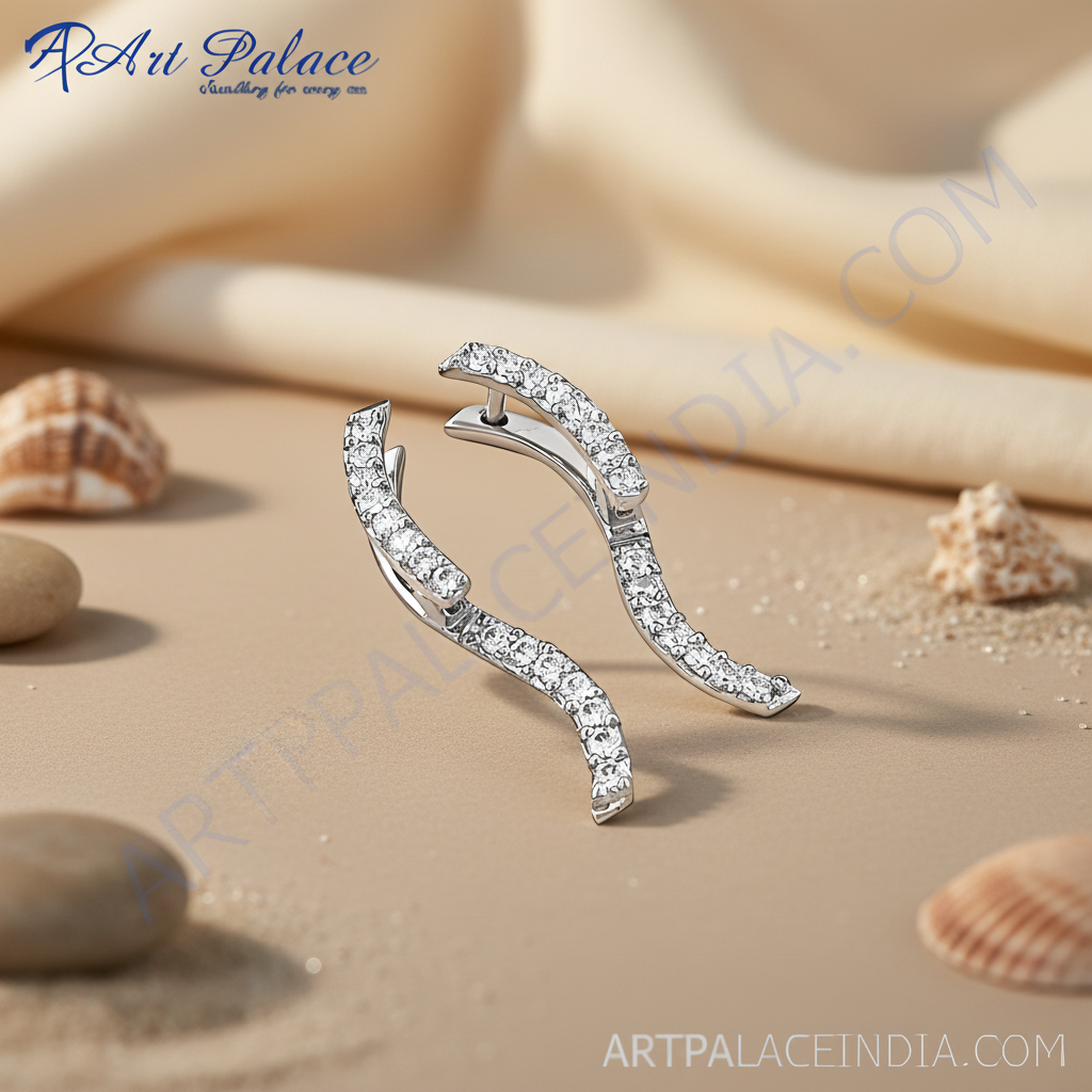 女士银色立方氧化锆弧形耳环 | 精致首饰